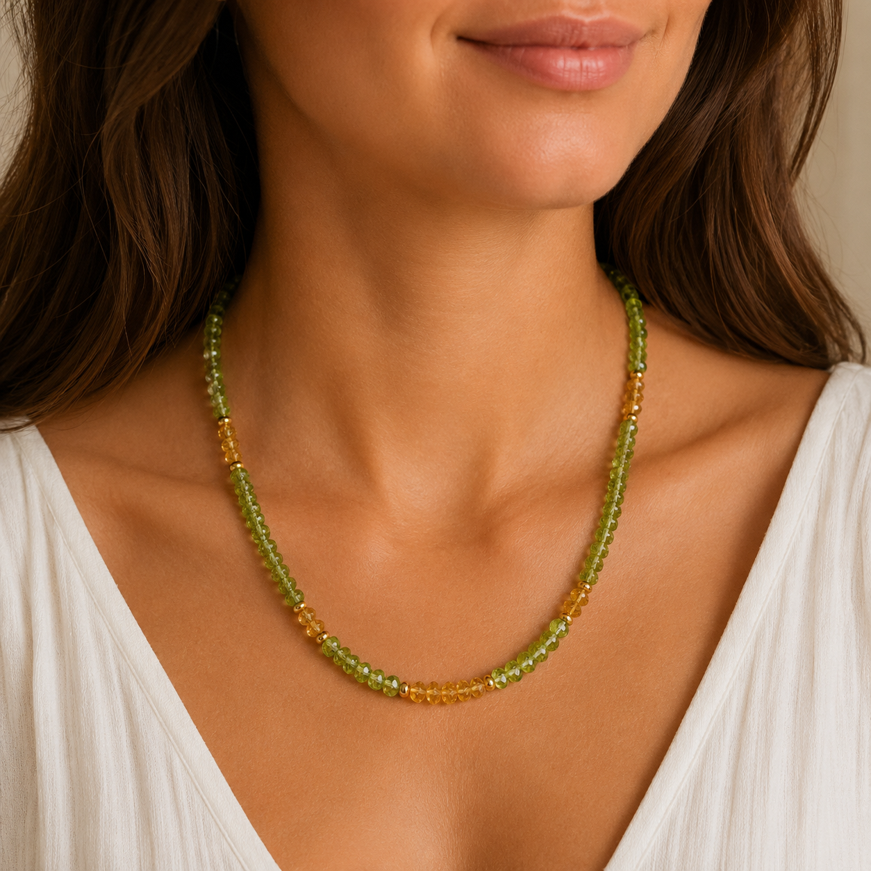 This necklace stack features three necklaces with peridot and freshwater pearls.