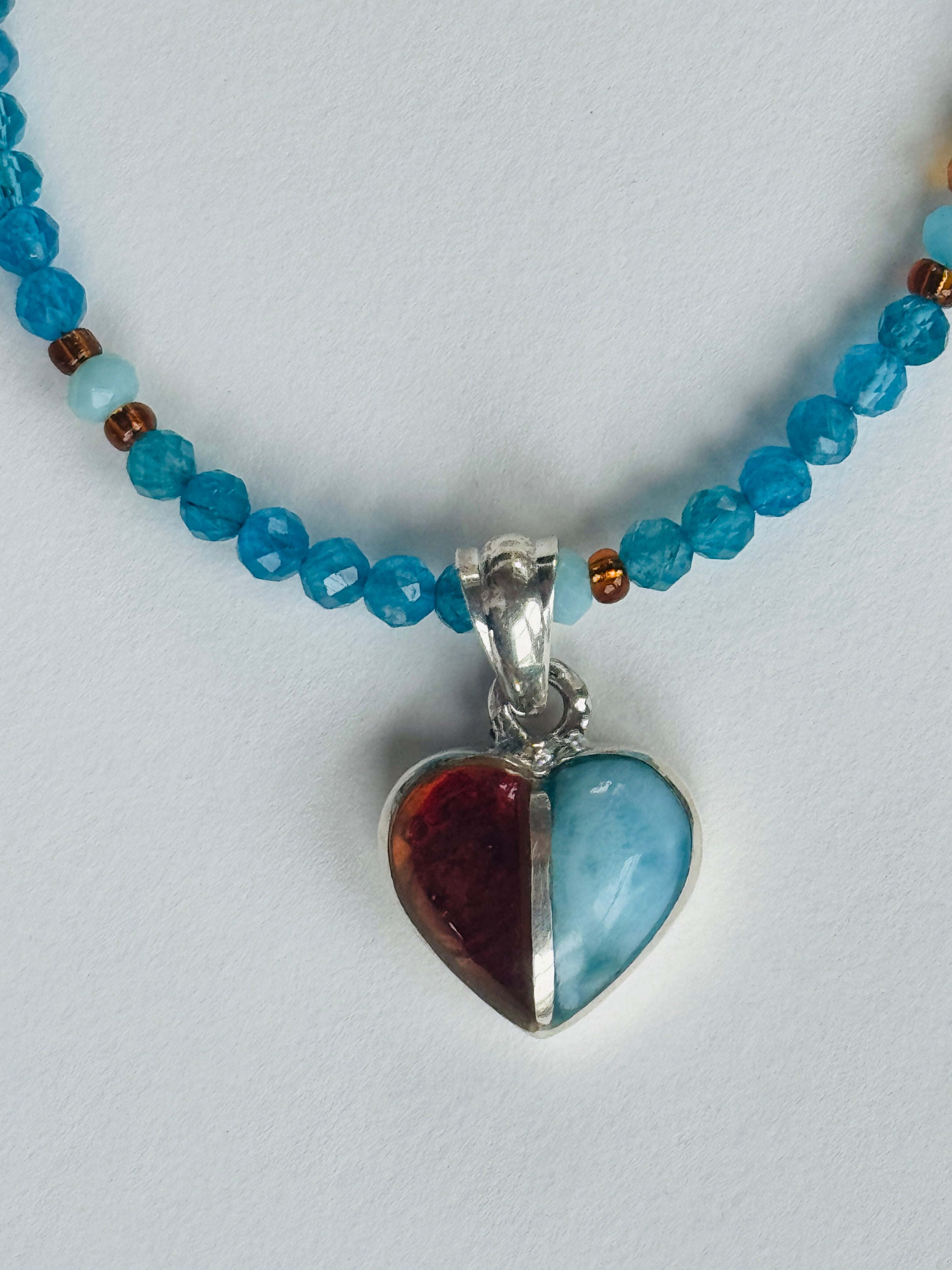 Amber and Larimar Heart in Sterling Silver Pendant Detail