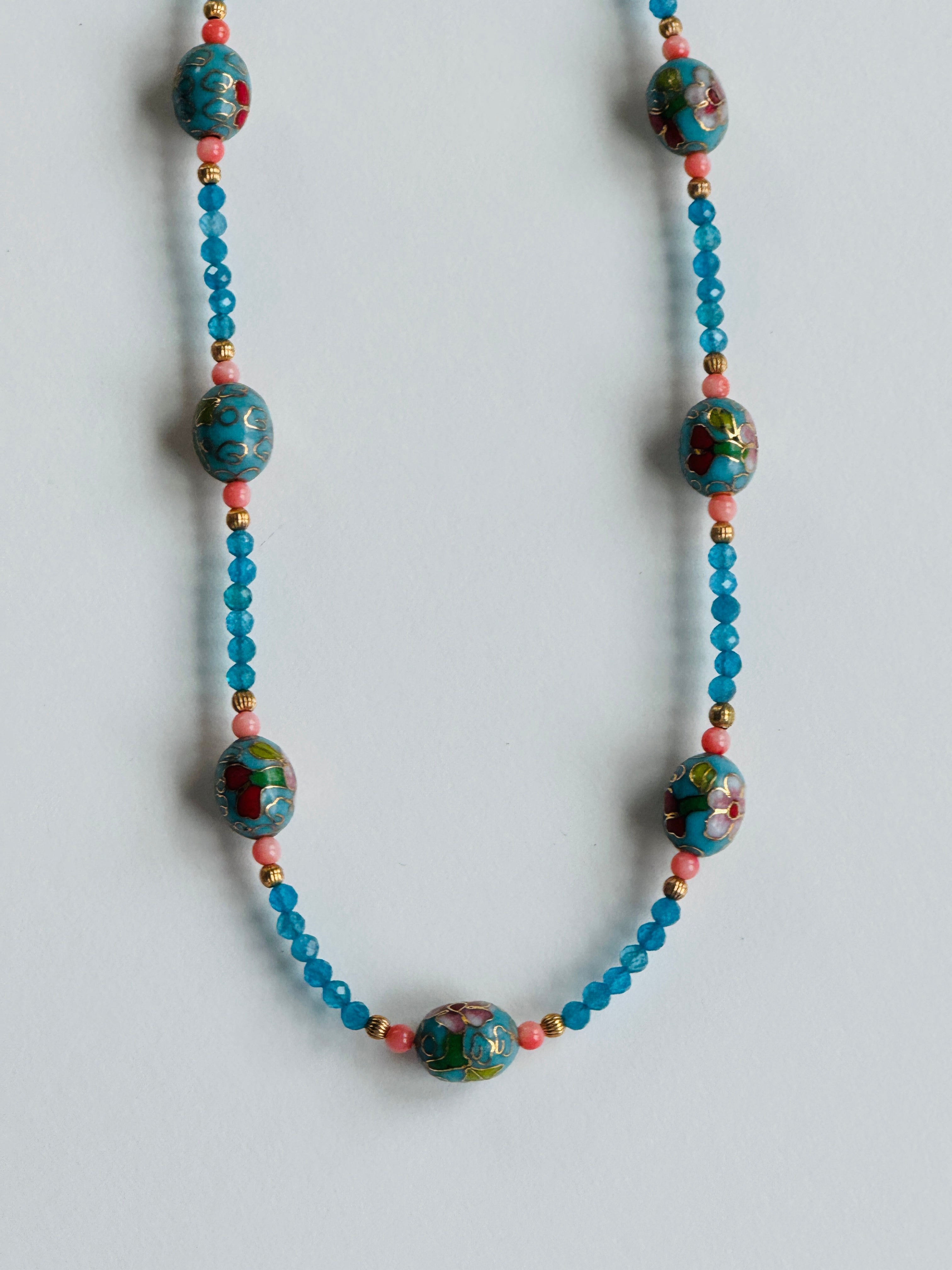 Apatite Necklace with Vintage Cloisonné Beads