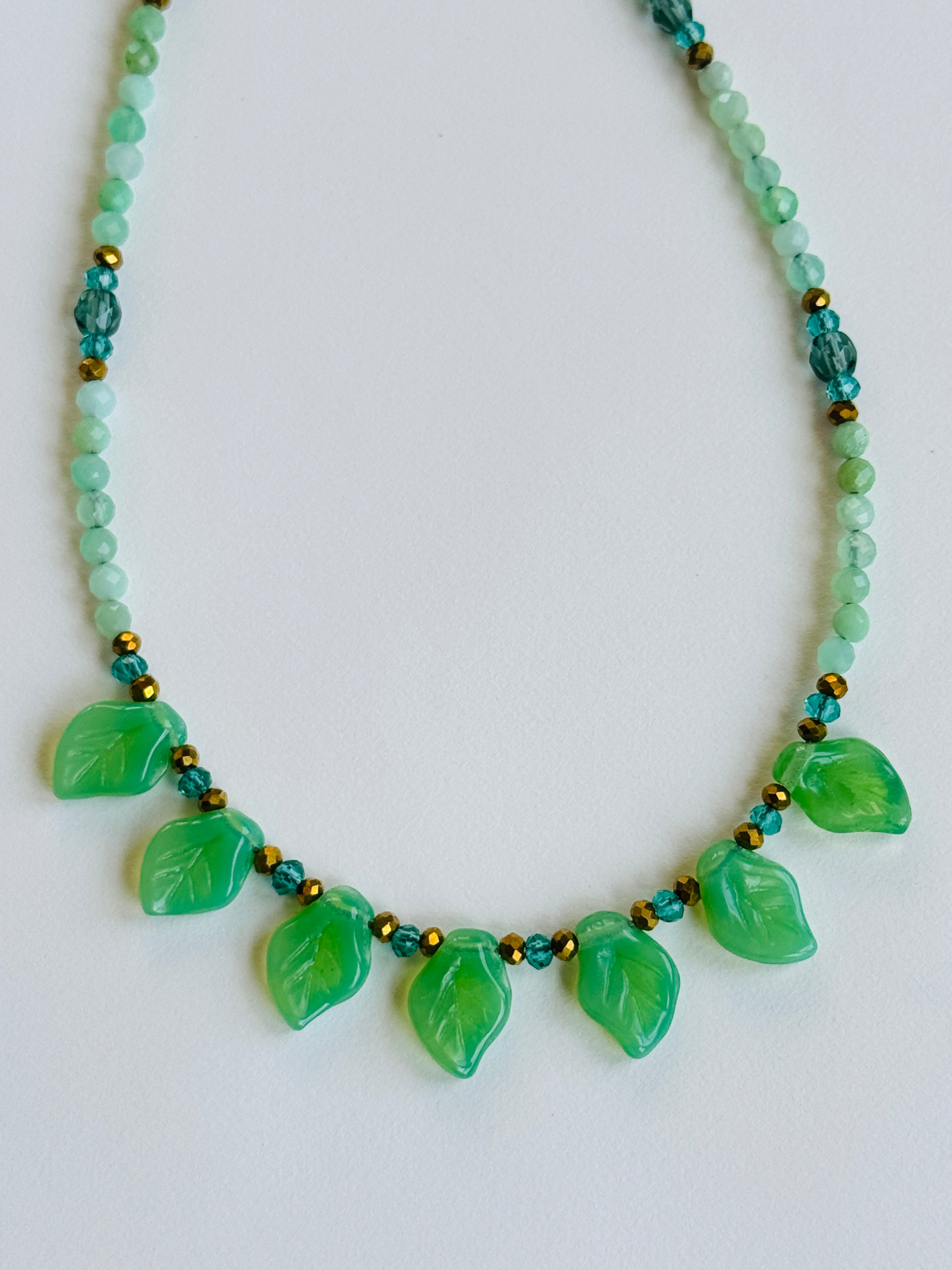 Chrysoprase Necklace with Vintage Glass Leaves