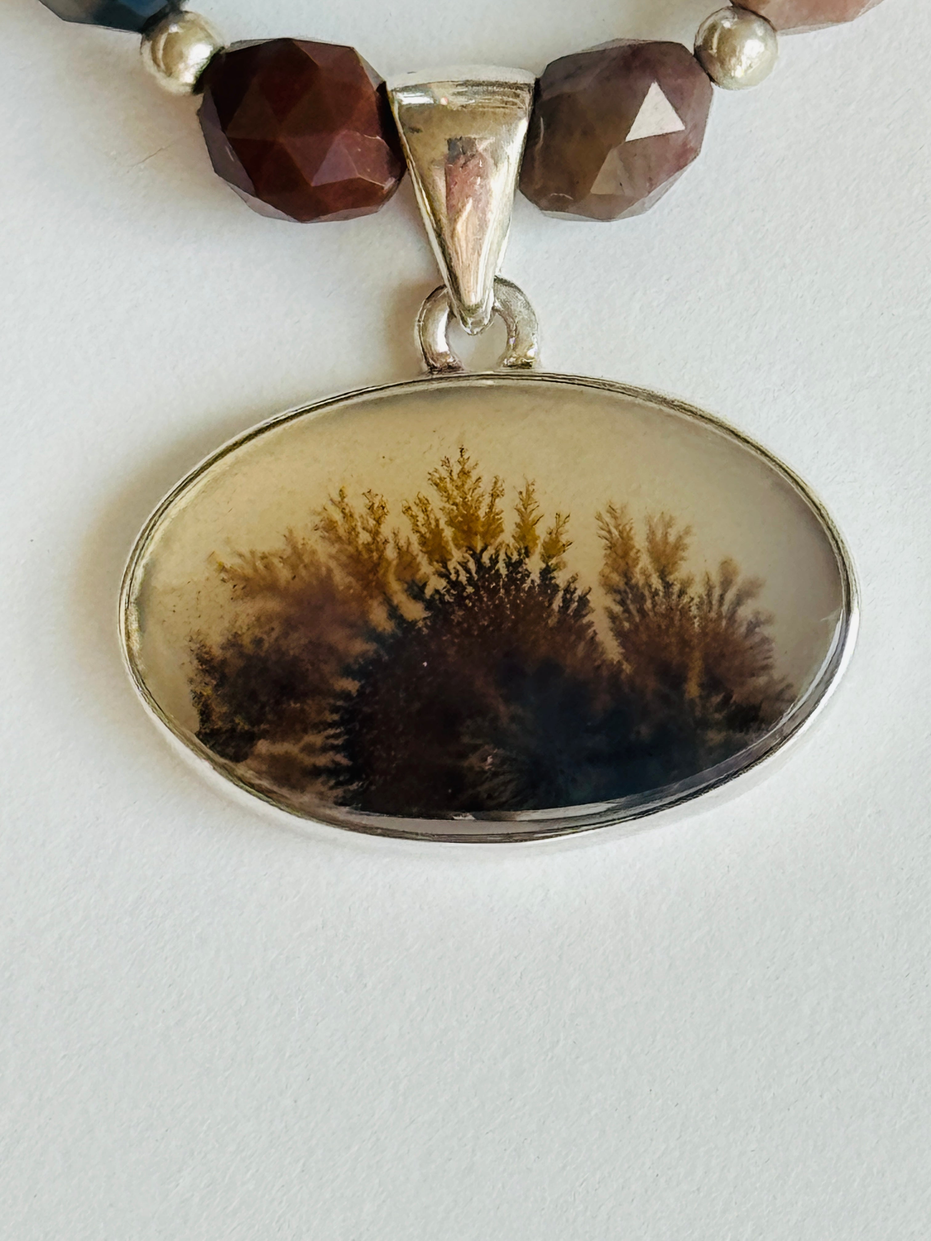 Dendritic Agate Pendant on Petrified Wood Necklace