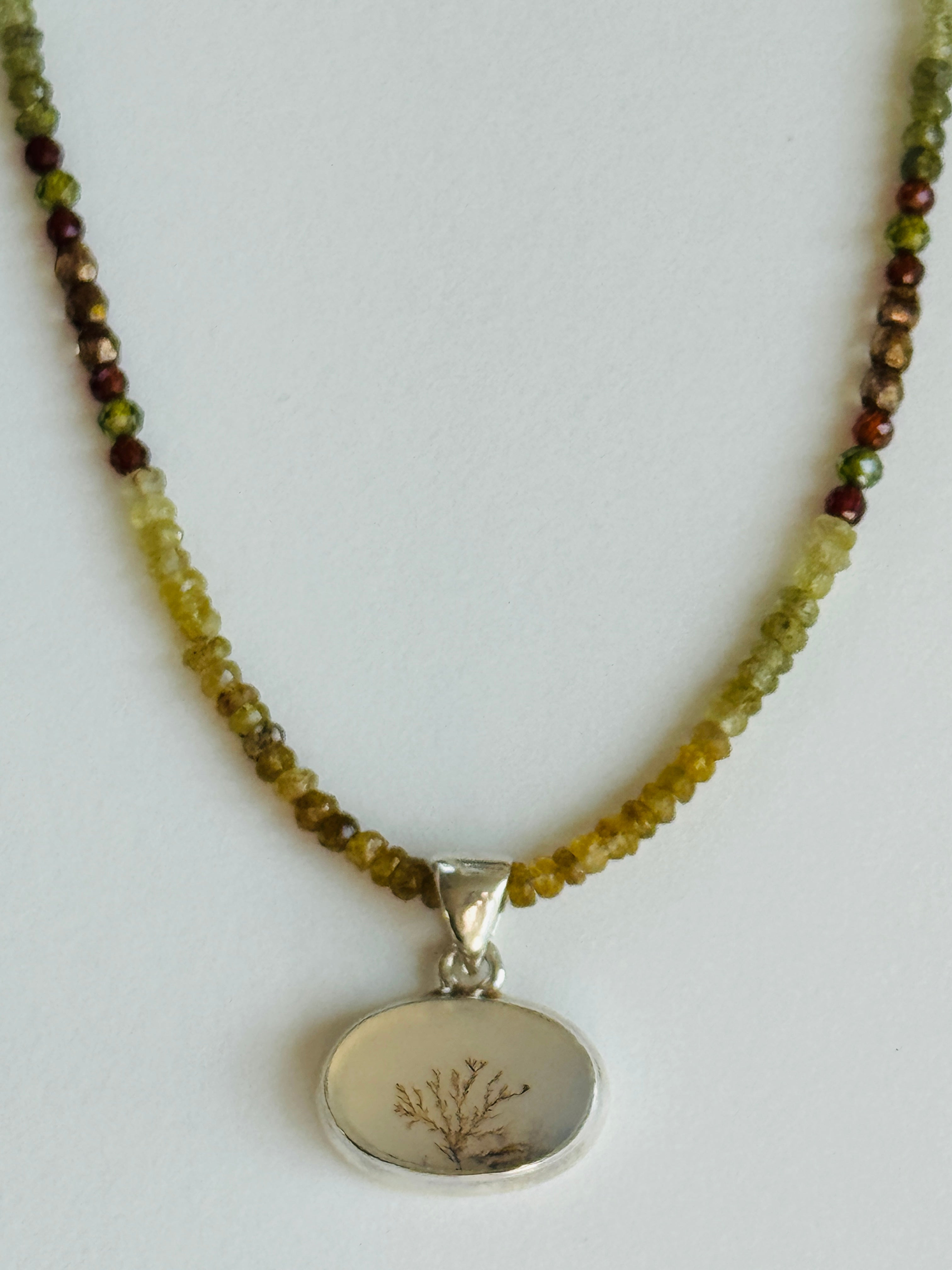 Dendritic Agate Pendant on Green Tourmaline Necklace