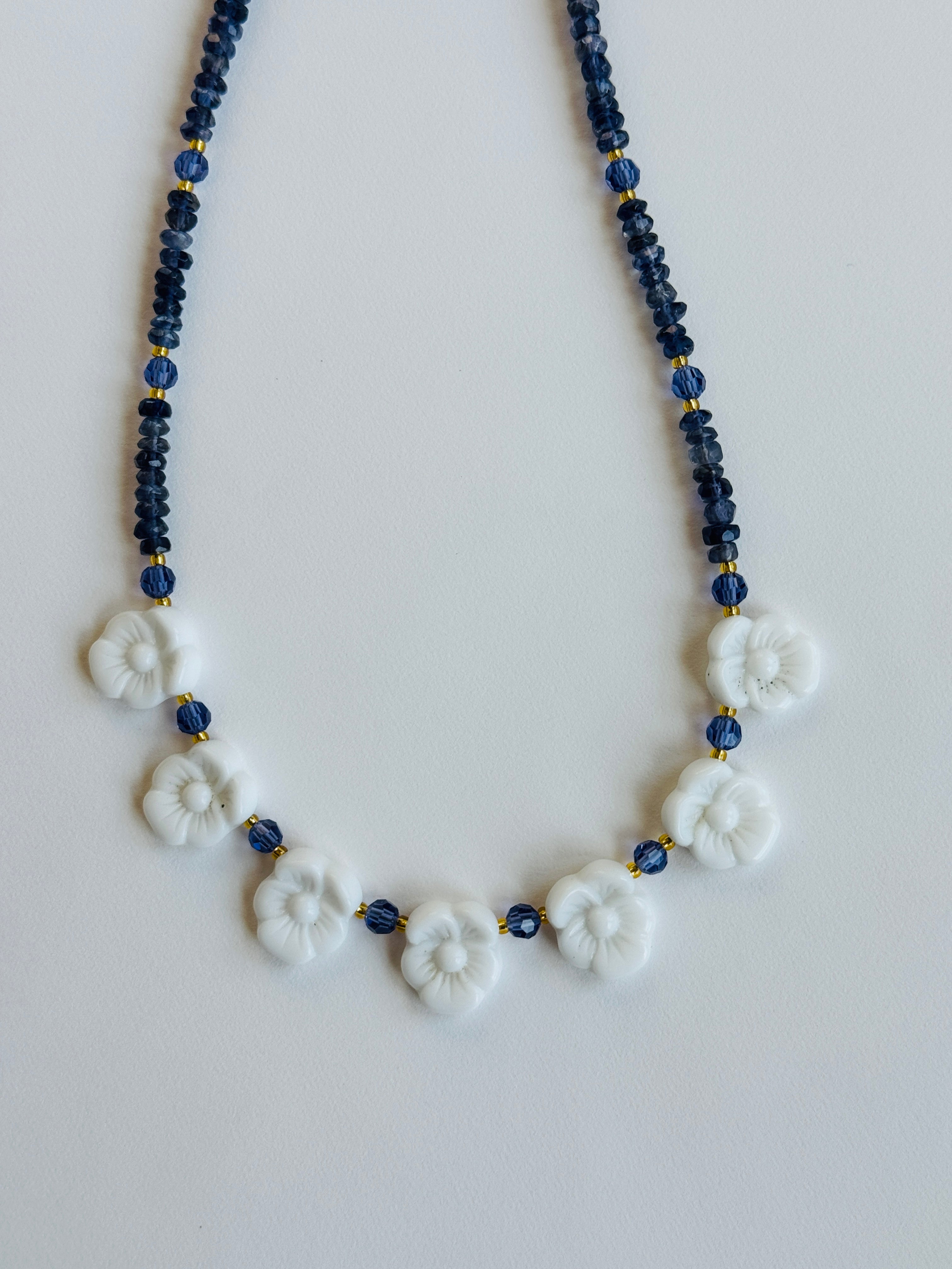 Iolite Necklace with Vintage Glass Flowers