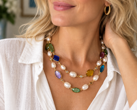 A close-up lifestyle shot of a woman wearing a multi-strand statement necklace with white pearls and colorful faceted gemstone accents, paired with a white button-down shirt.
