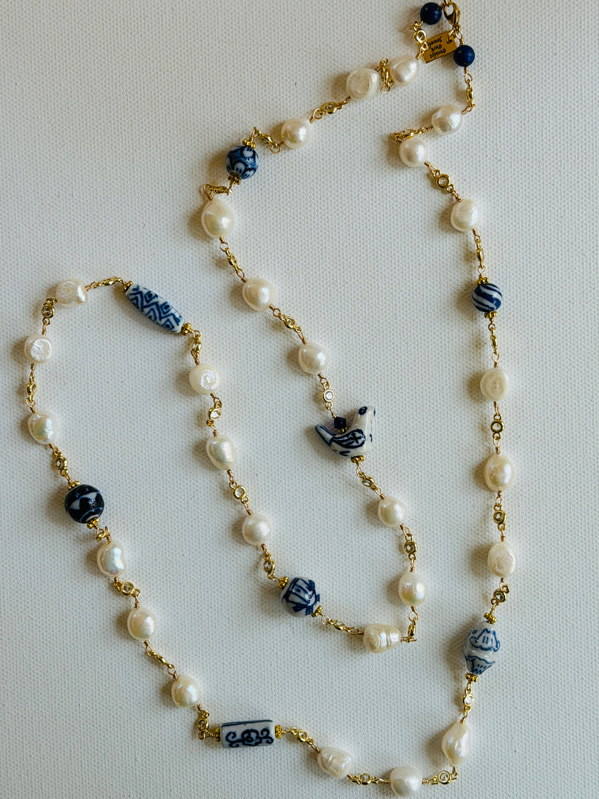 Pearl Lorelei with Blue & White Beads (Gold)