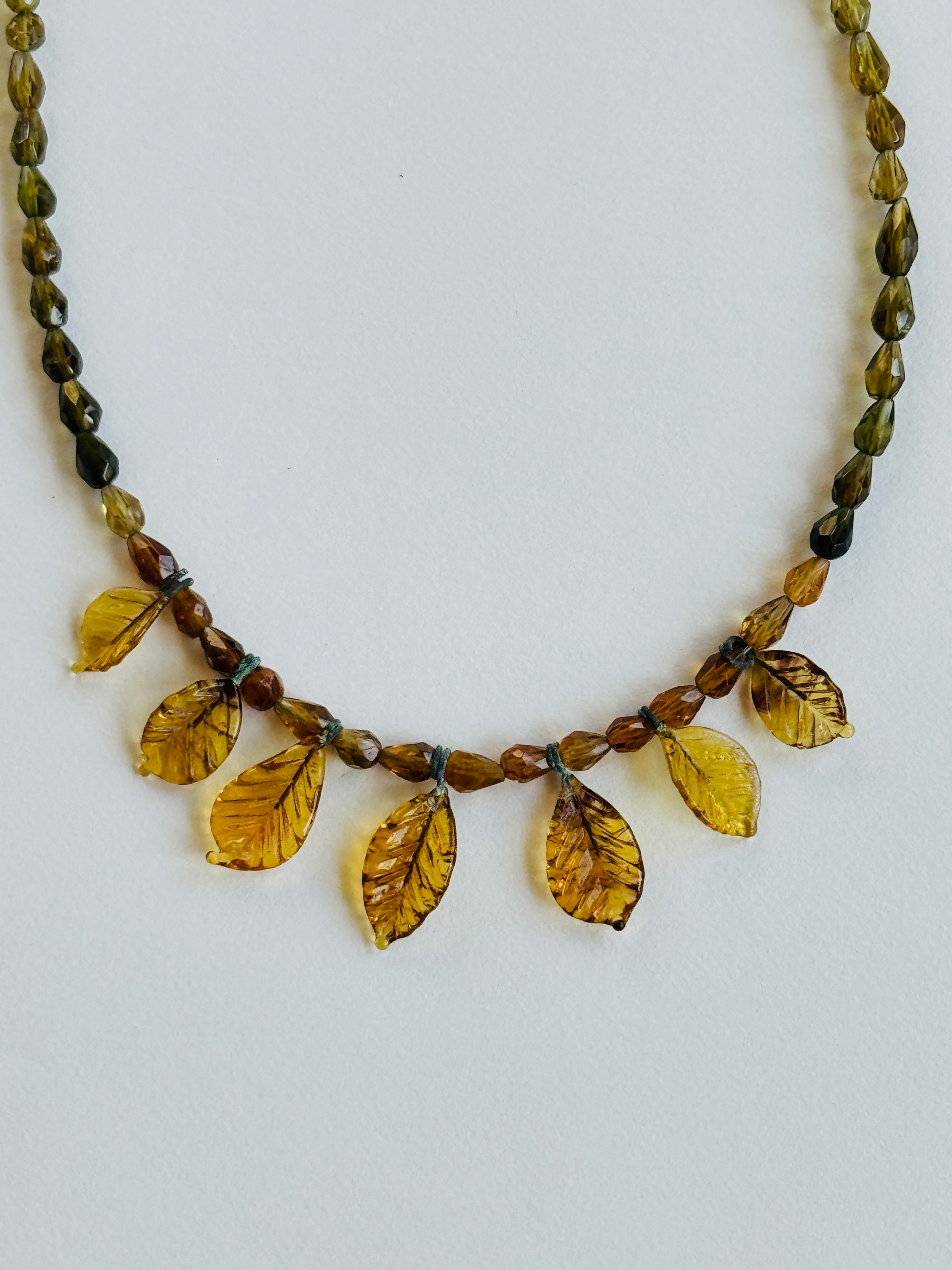 Amber-Colored Peridot Necklace with Vintage Glass Leaves