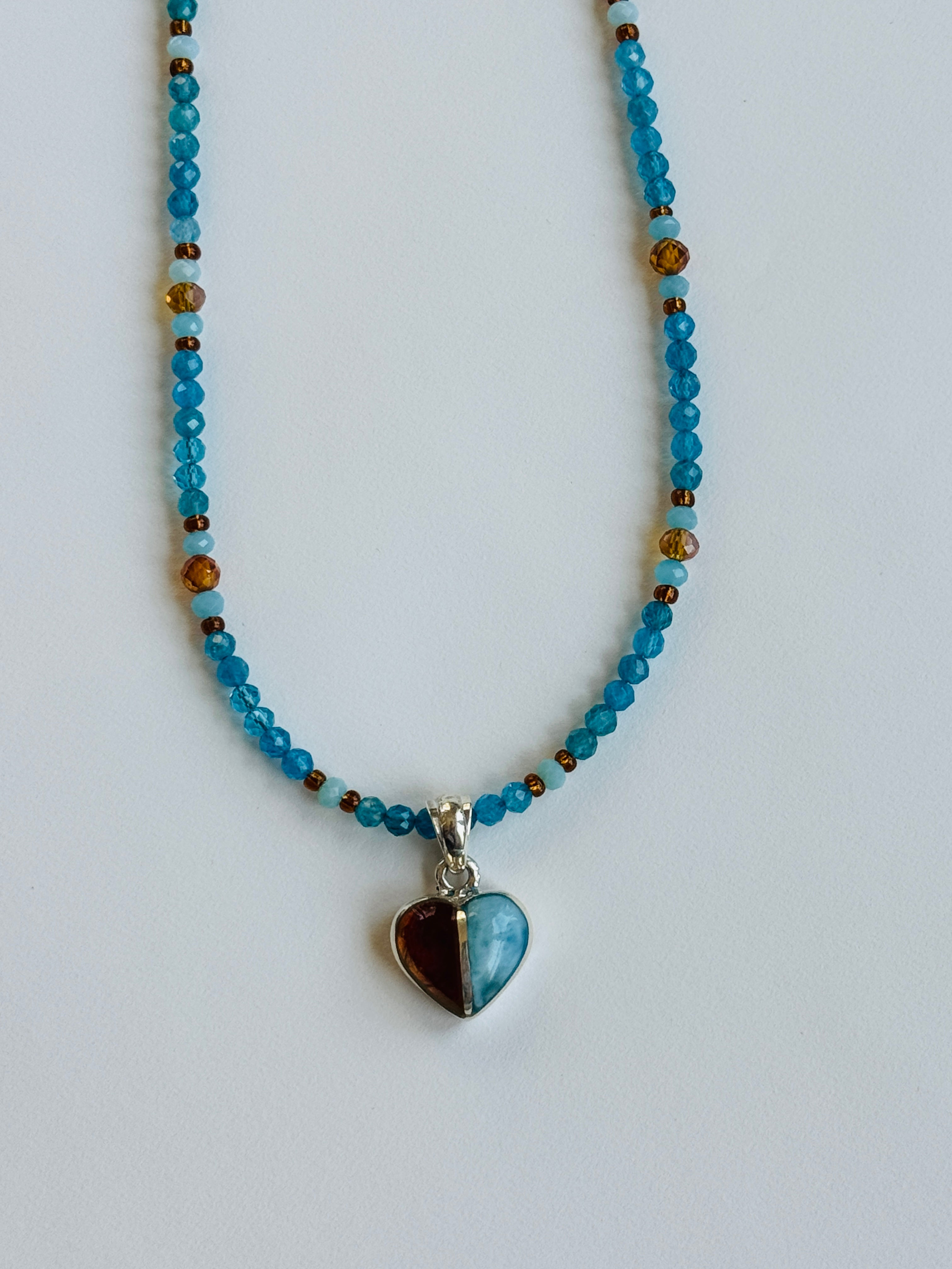 Amber and Larimar Heart on Apatite Necklace