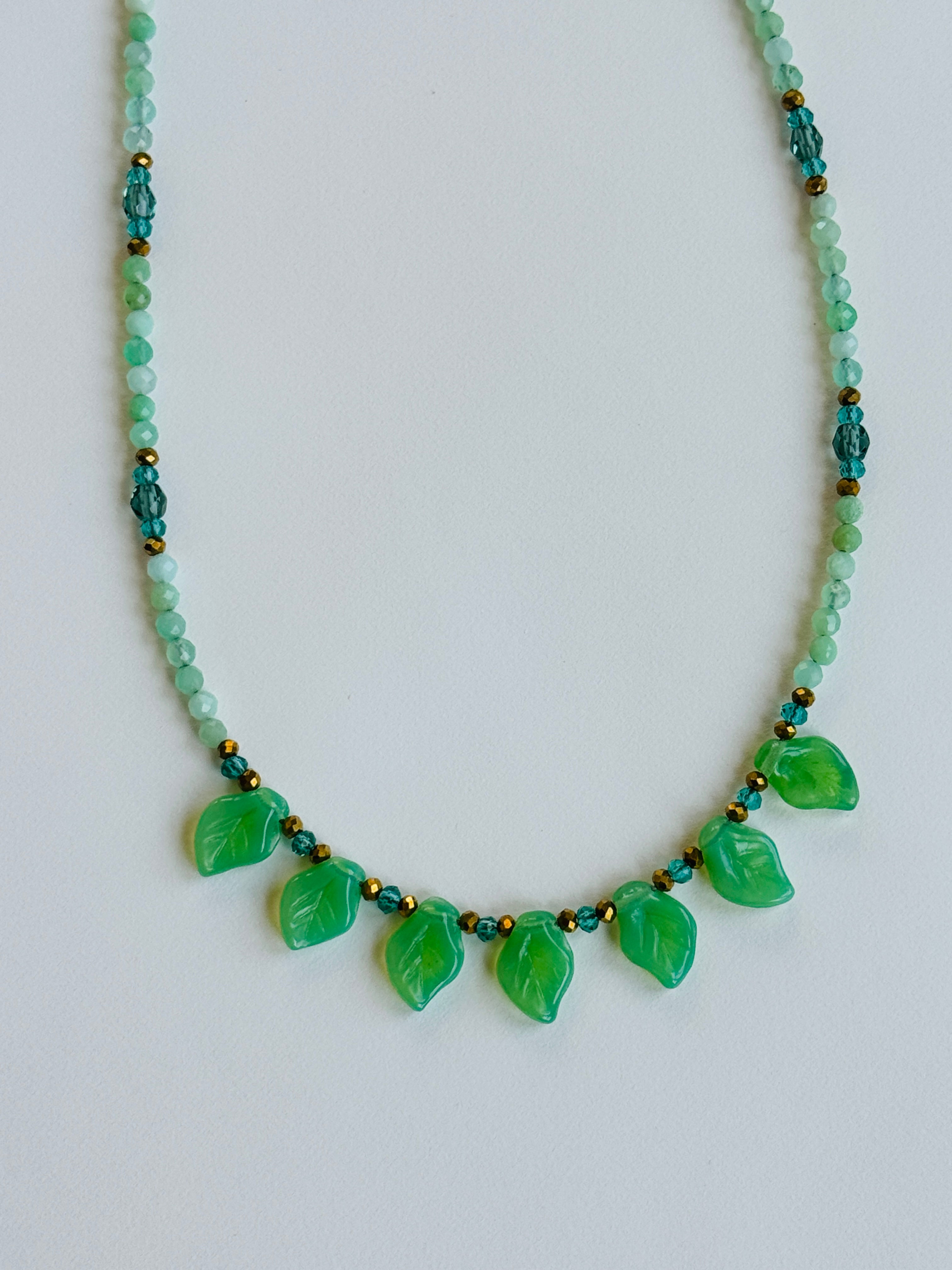 Chrysoprase Necklace with Vintage Leaves