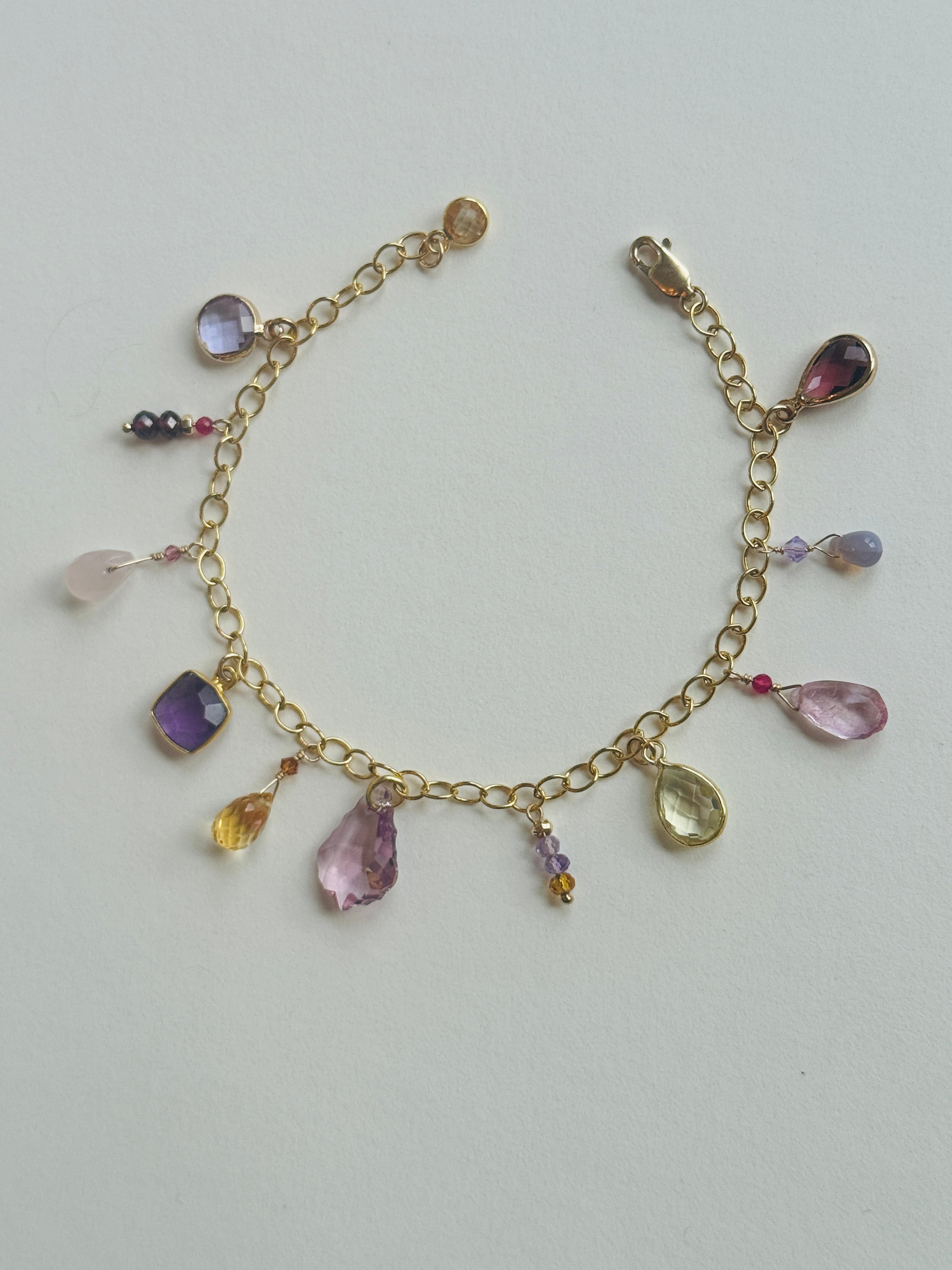 Gold-filled Bracelet with Pink, Yellow, and Purple Charms