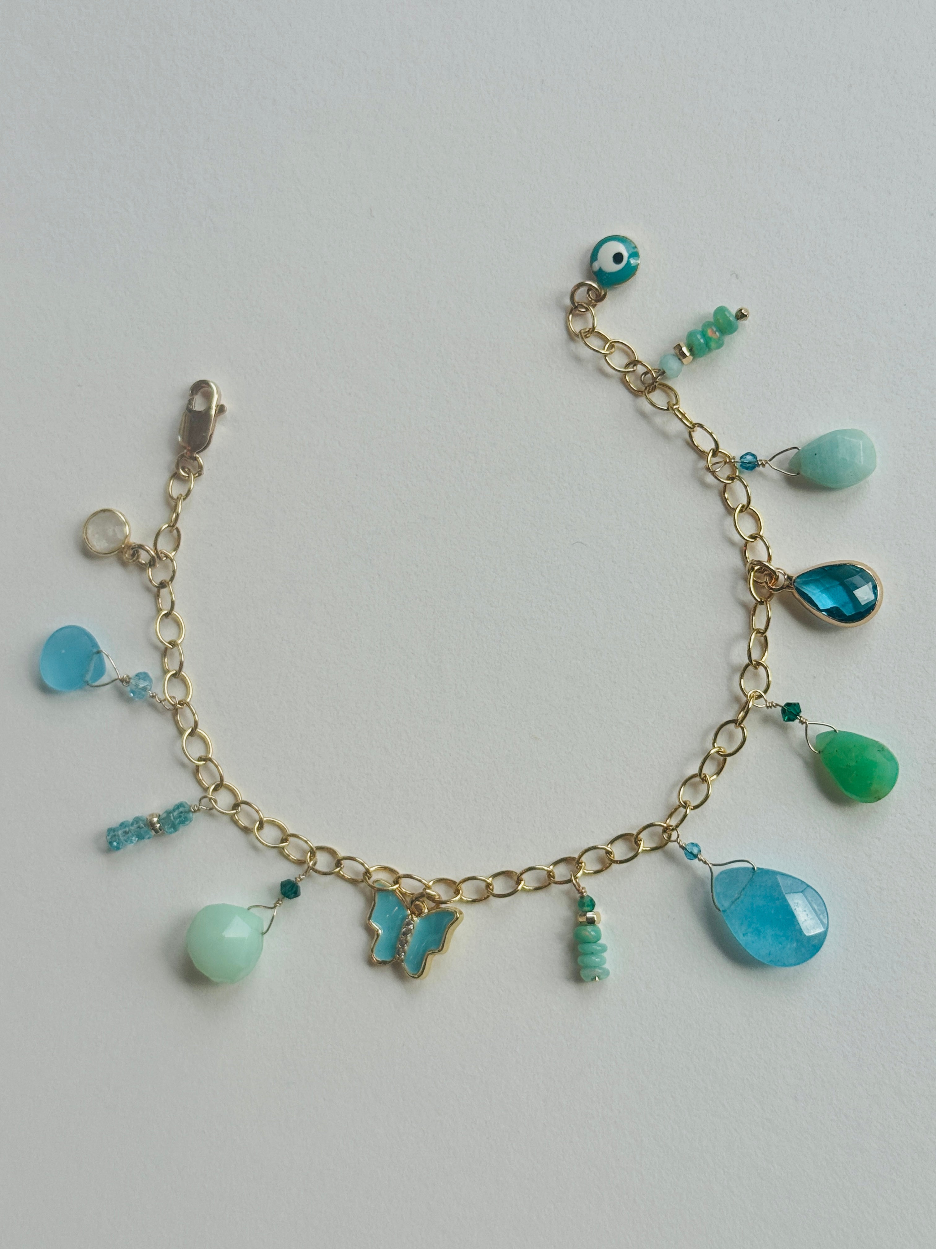 Gold-filled Bracelet with Butterfly, Blue and Green Charms