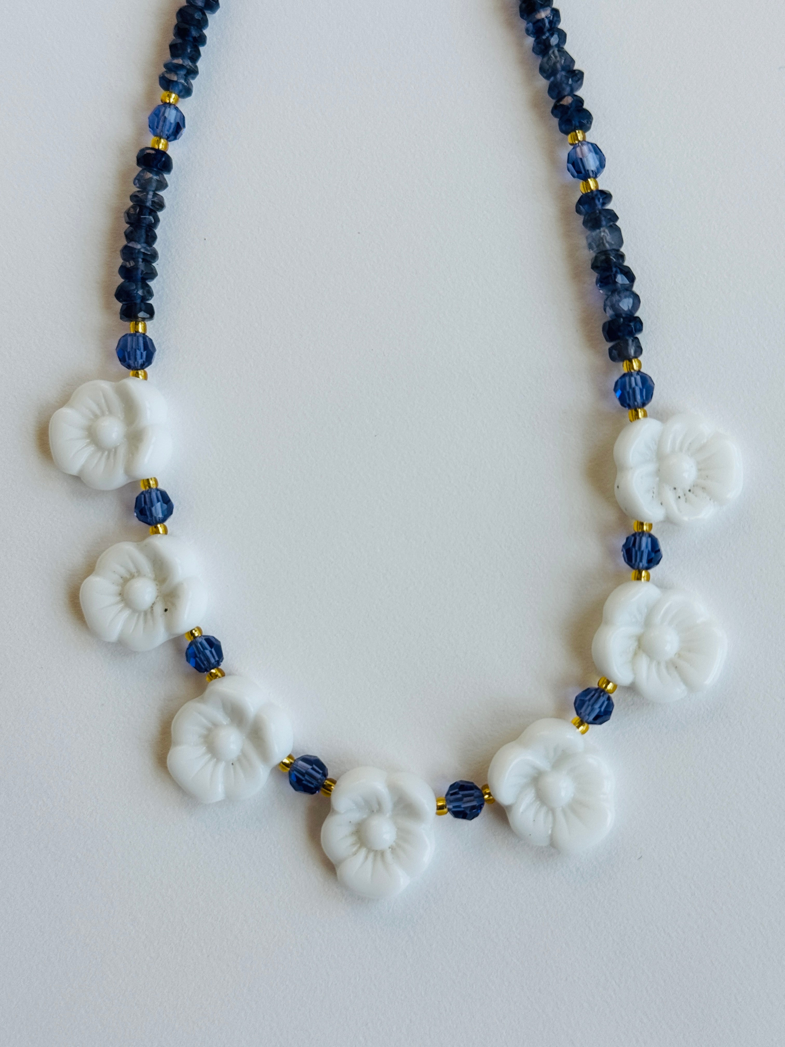 Iolite Necklace and Vintage Glass Flowers