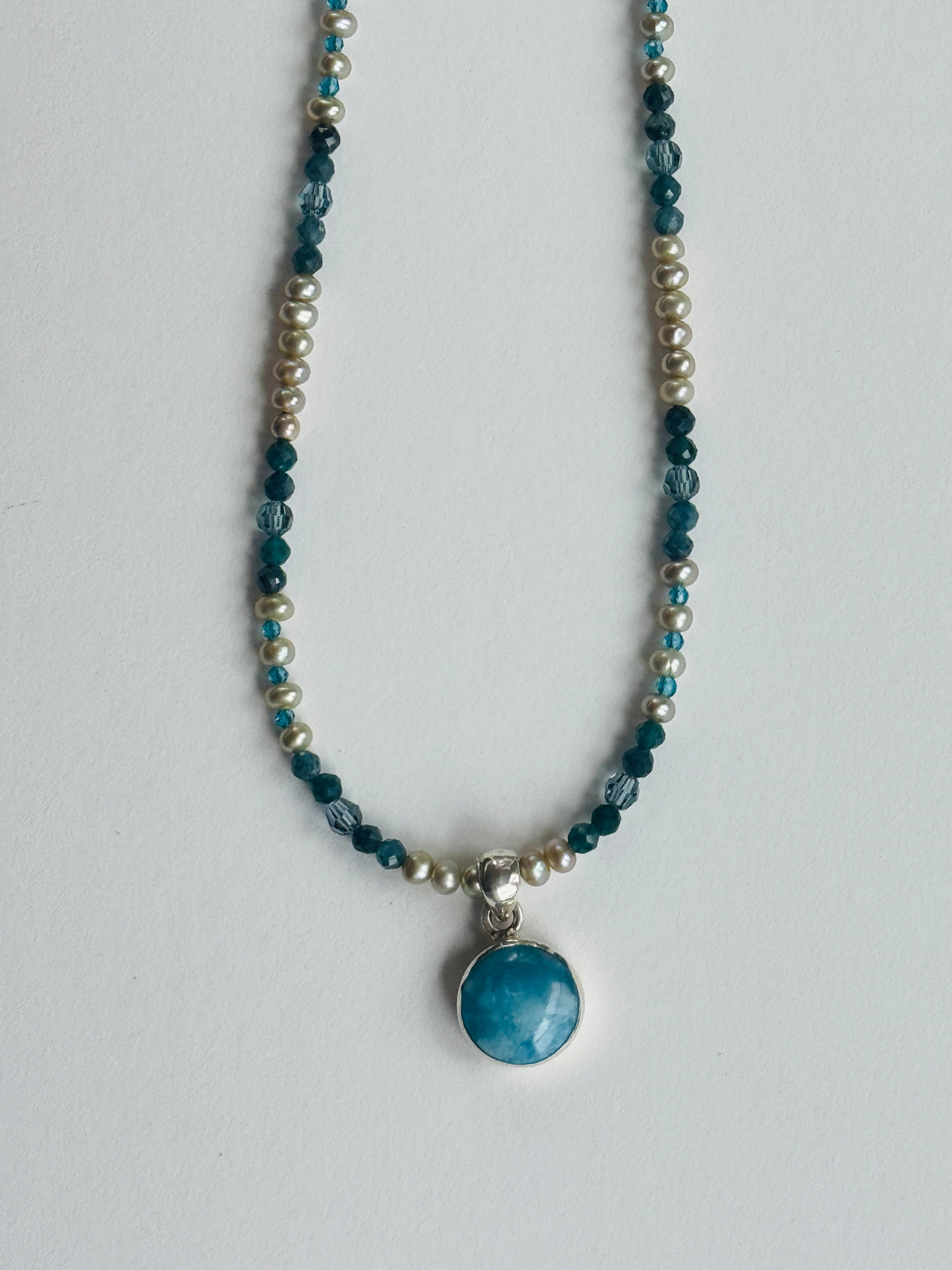 Larimar Pendant on Pearl and Blue Tourmaline Necklace