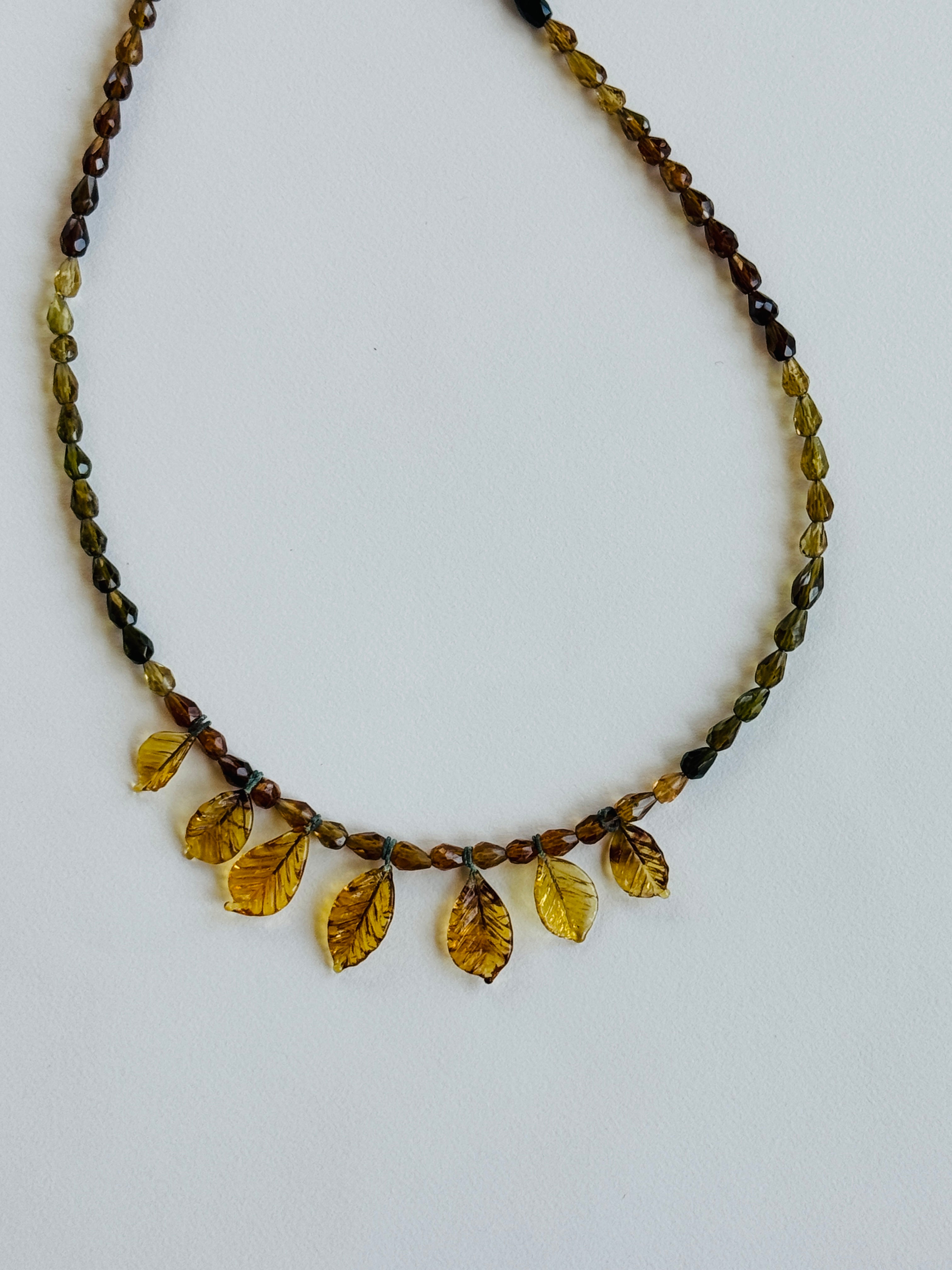 Peridot Necklace with Amber-colored Glass Leaves