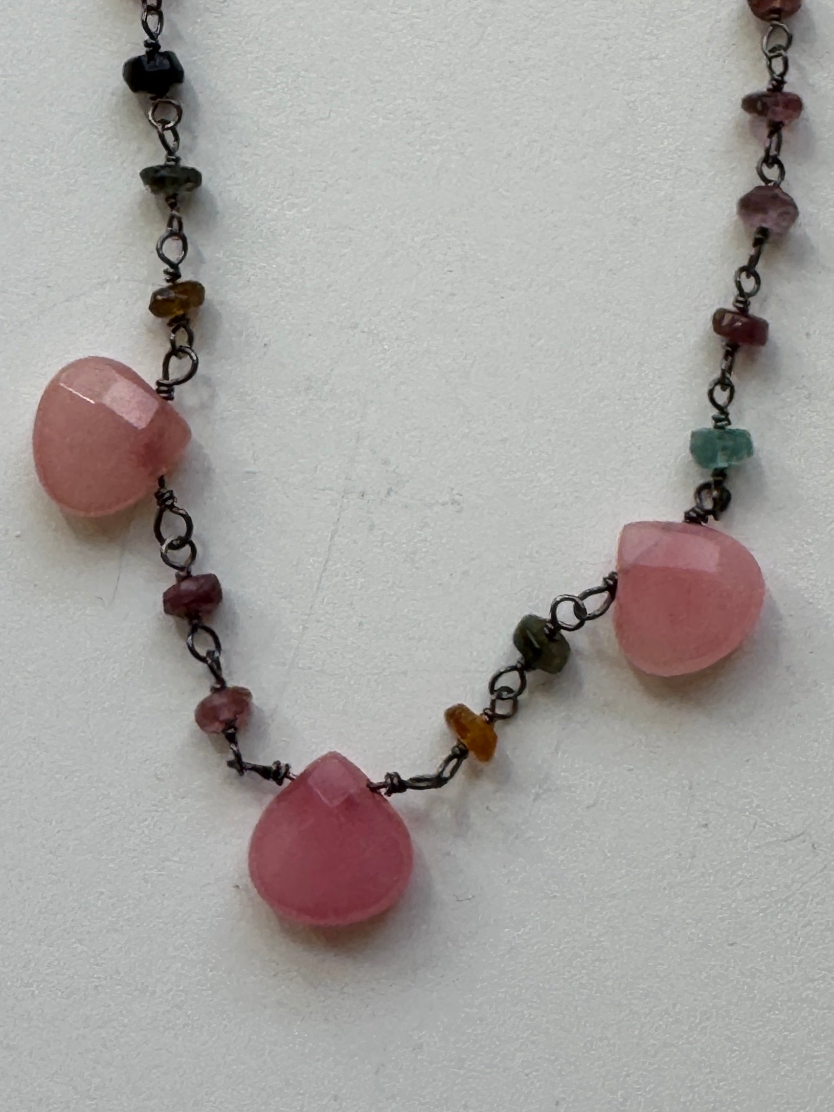 Pink Jade Briolettes on Multi-Color Tourmaline Chain Necklace