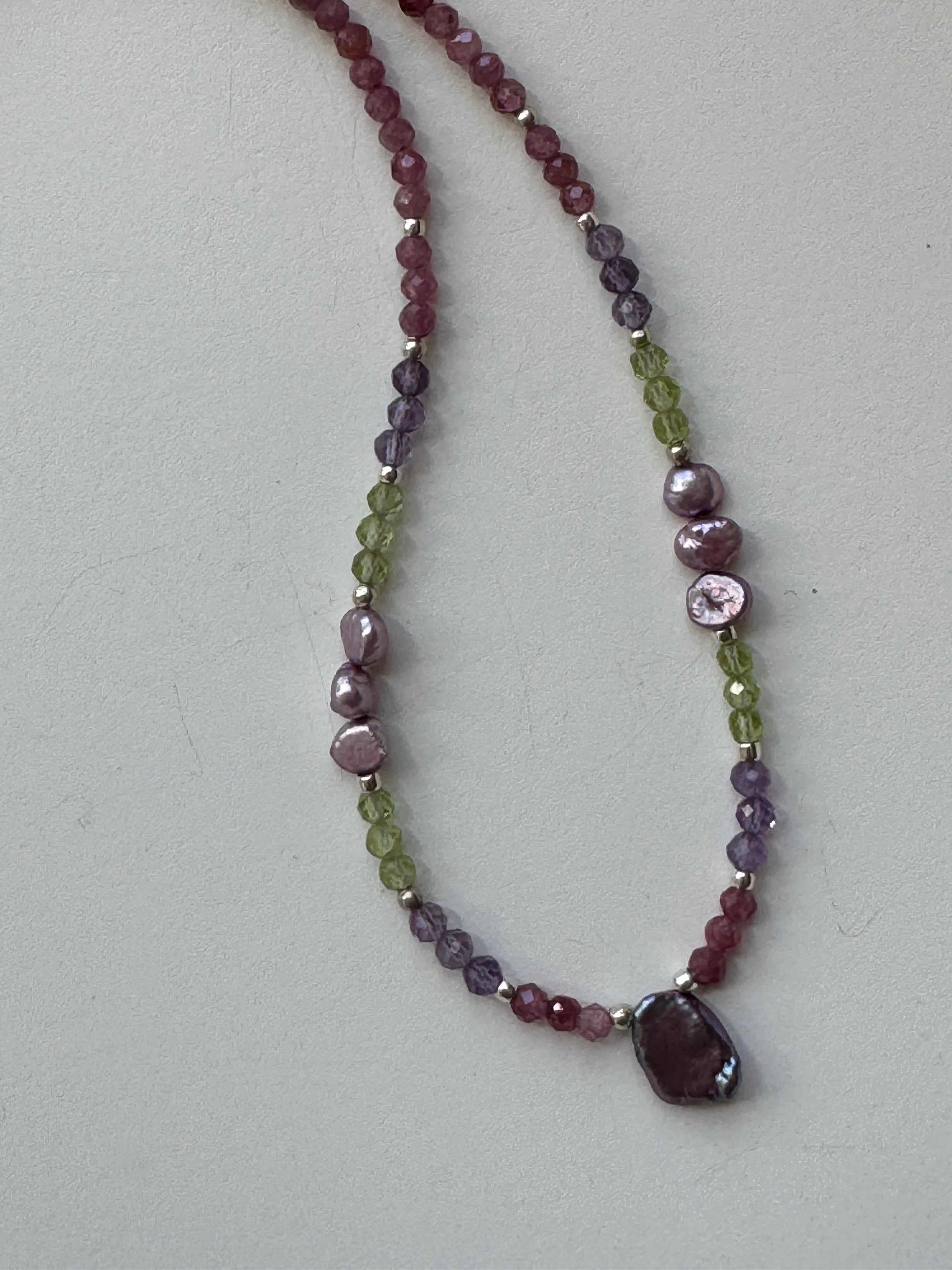 Pink Tourmaline Necklace with Pearls, Peridot, and Amethyst