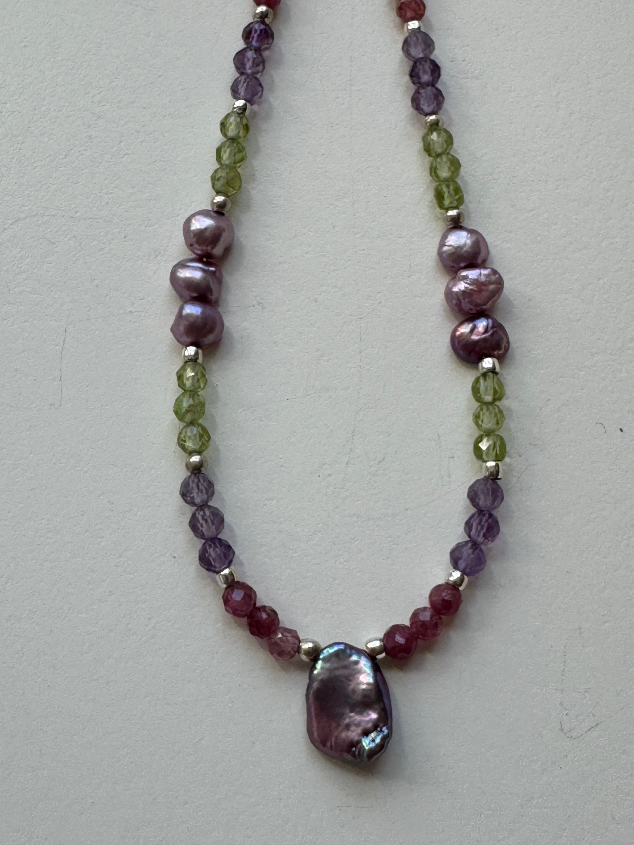 Pink Tourmaline Necklace with Pearls, Peridot, and Amethyst