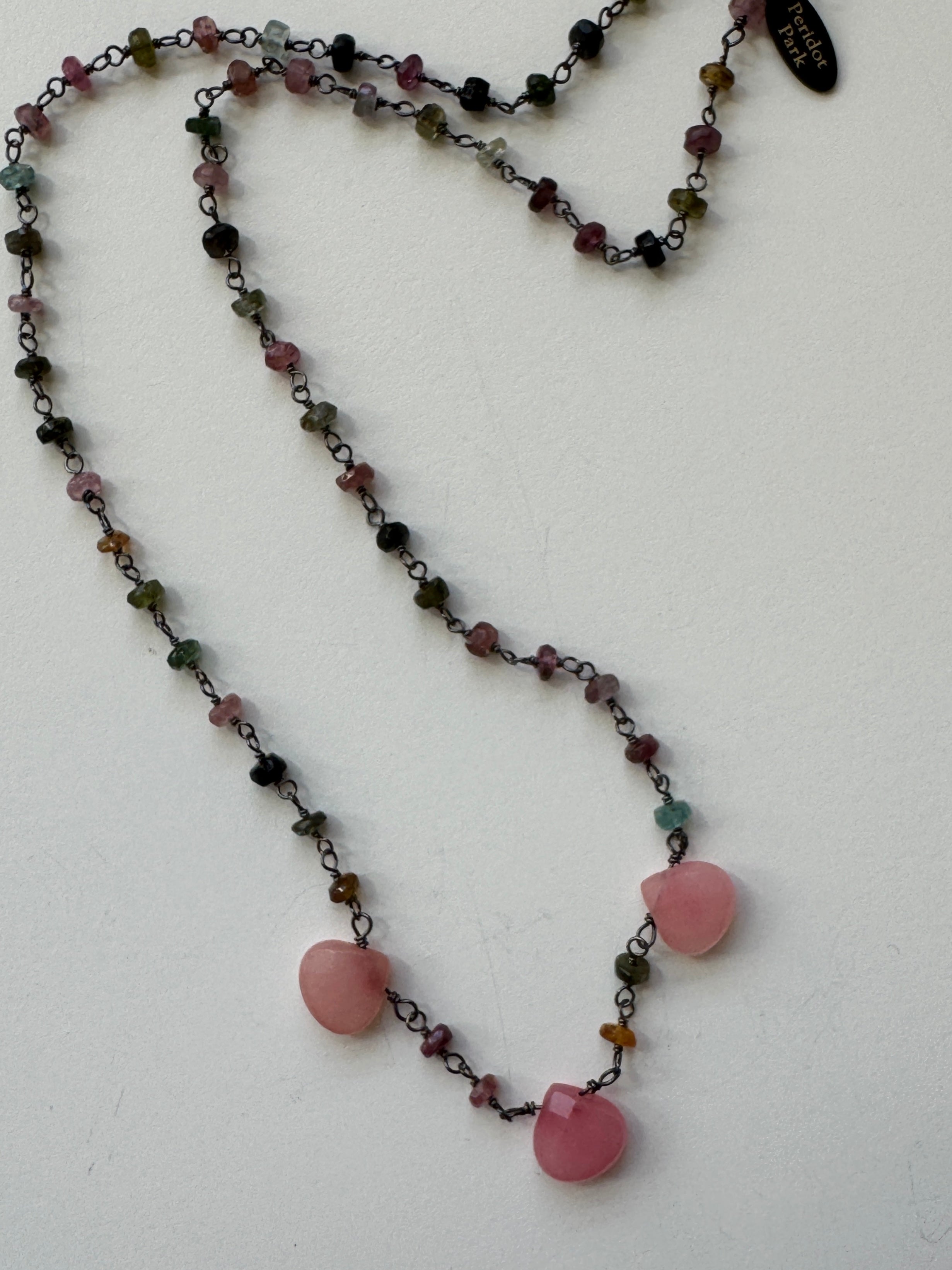 Pink Jade Briolettes on Multi-Color Tourmaline Chain Necklace